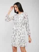 A-line Geometric Print Dress - Off White And Black