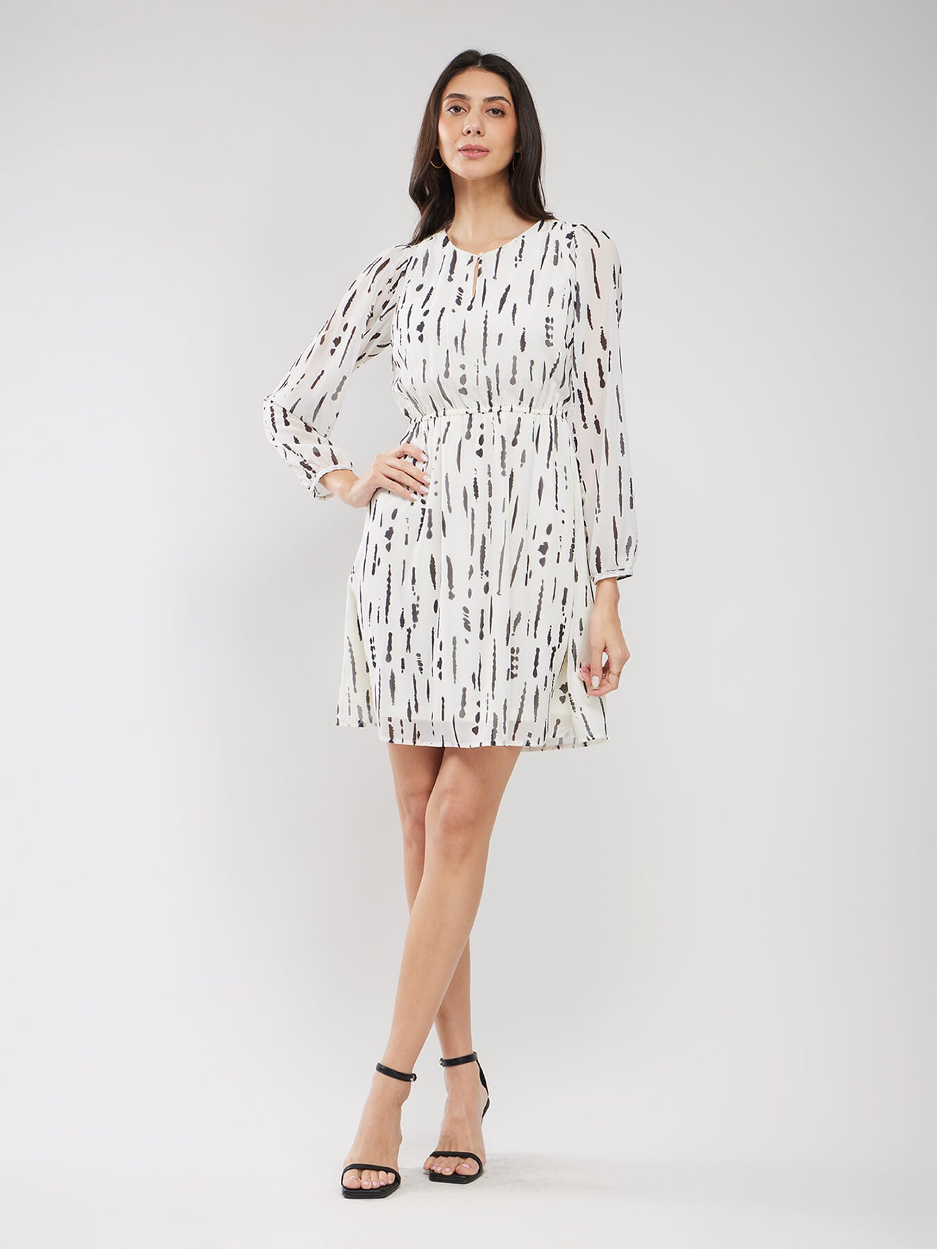 A-line Geometric Print Dress - Off White And Black