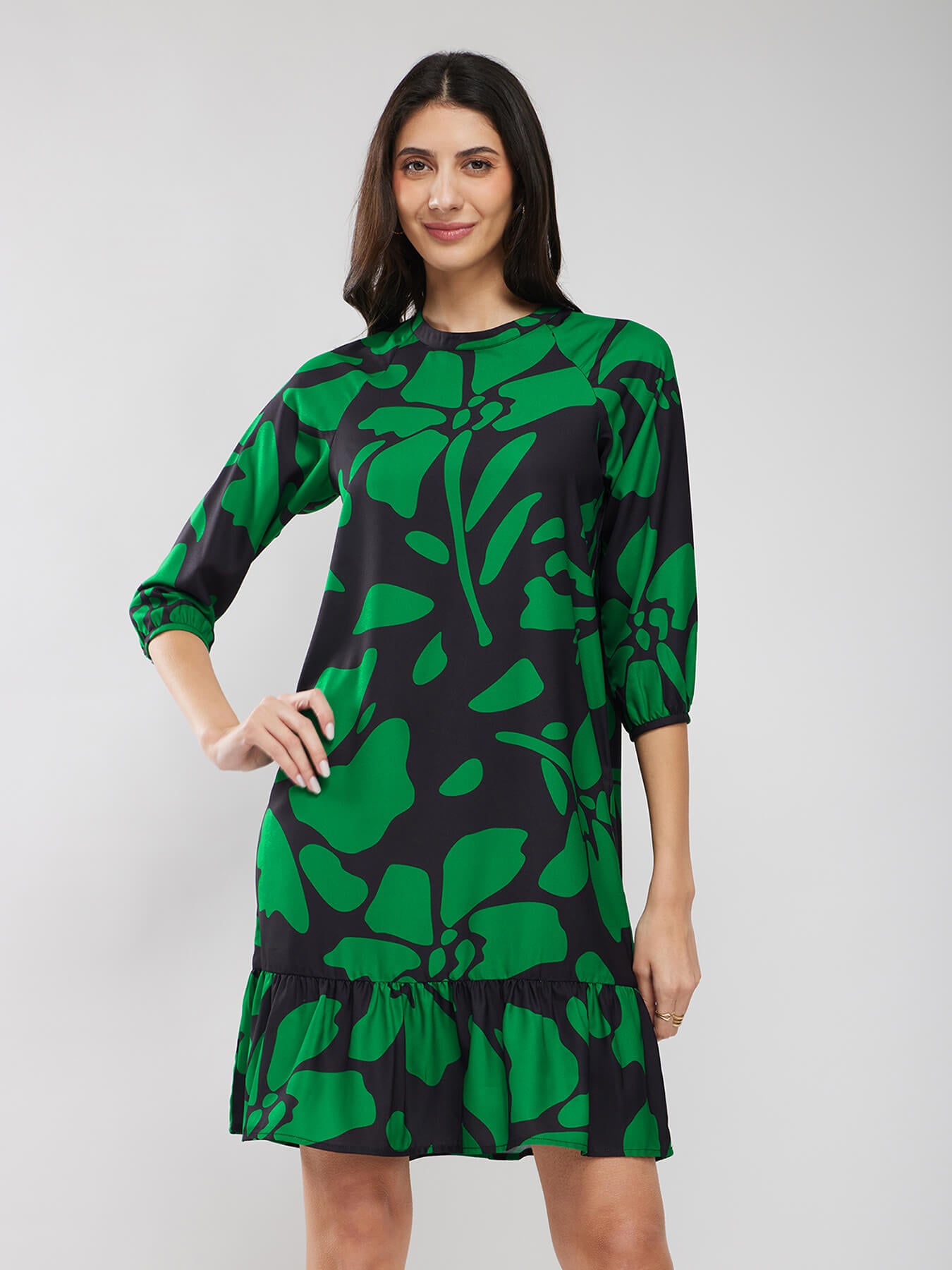 Raglan Sleeves Floral Print Dress - Black And Green