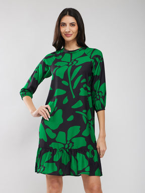 Raglan Sleeves Floral Print Dress - Black And Green