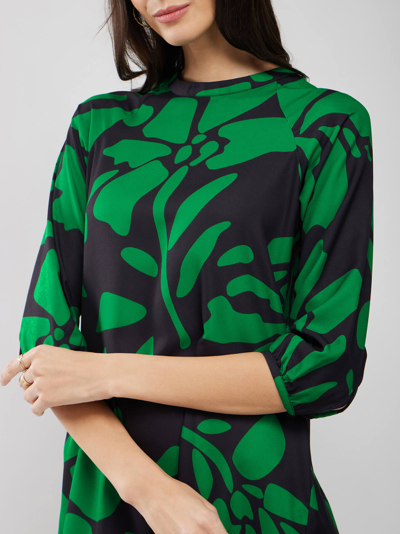 Raglan Sleeves Floral Print Dress - Black And Green