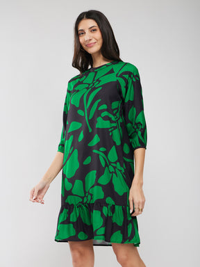 Raglan Sleeves Floral Print Dress - Black And Green