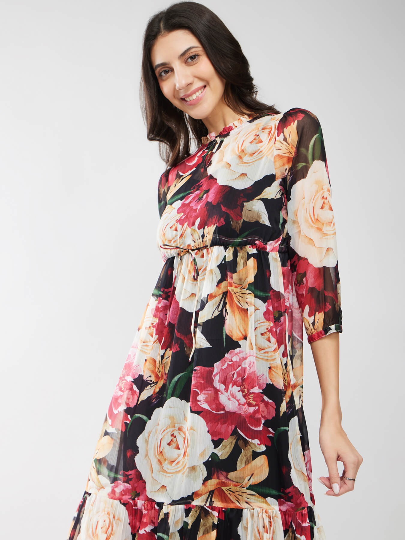 Chiffon Floral Print Dress - Black And Multicolour