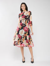 Chiffon Floral Print Dress - Black And Multicolour