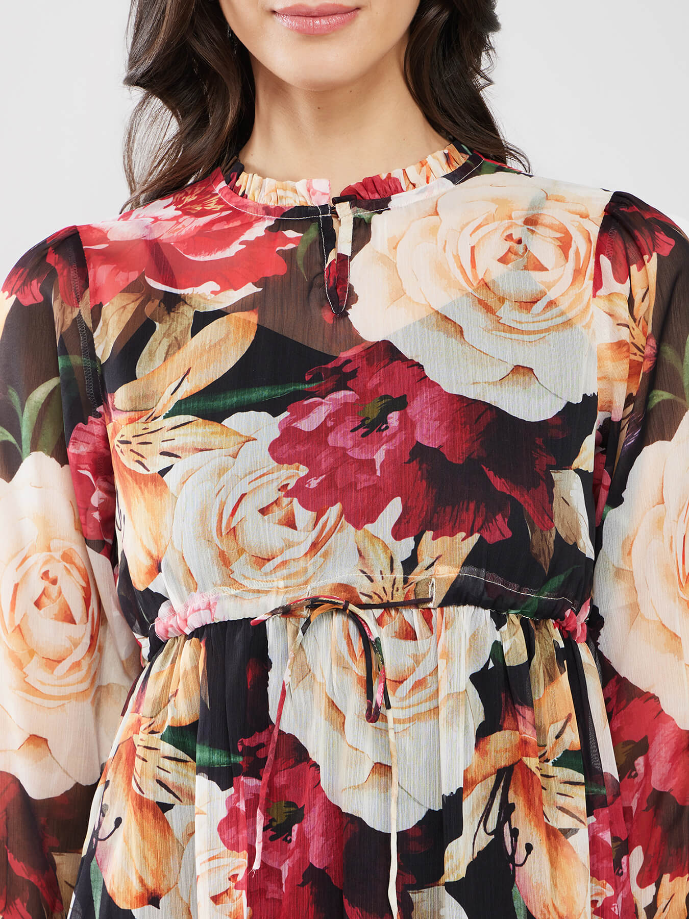 Chiffon Floral Print Dress - Black And Multicolour