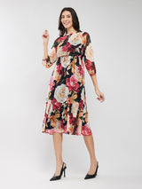 Chiffon Floral Print Dress - Black And Multicolour