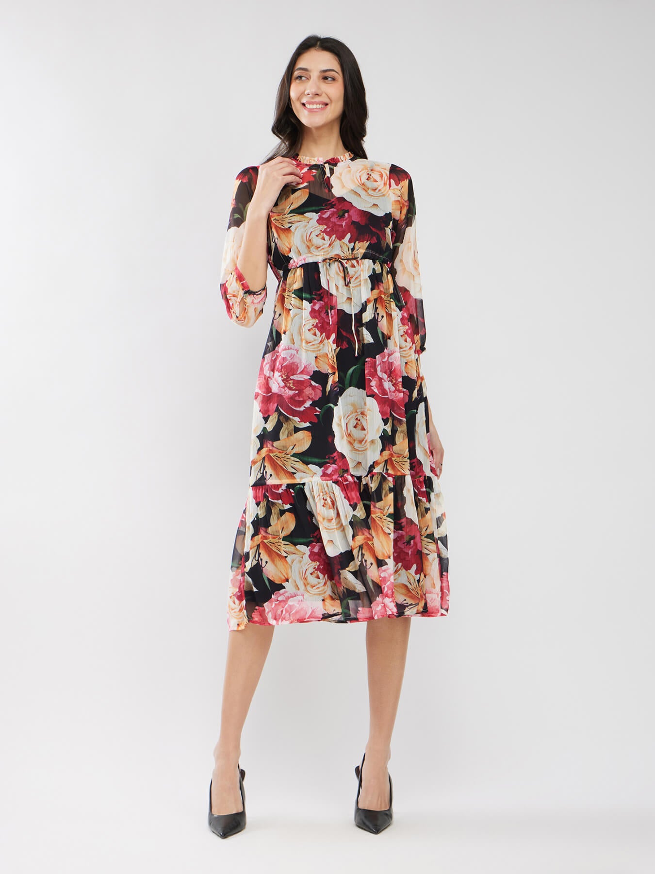 Chiffon Floral Print Dress - Black And Multicolour