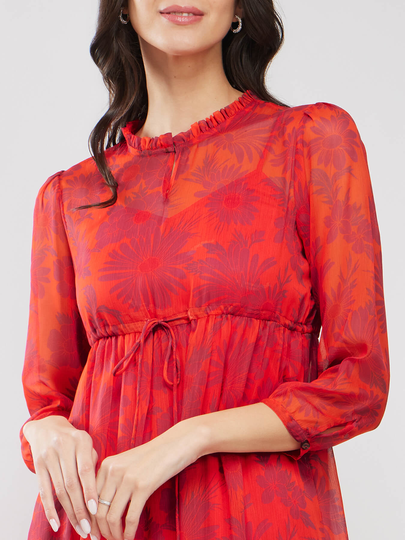 Chiffon Floral Print Dress - Orange And Fuchsia