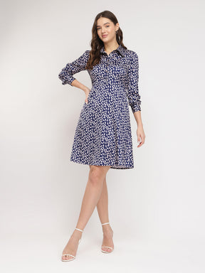 Stretchable Satin Shirt Dress - Navy Blue