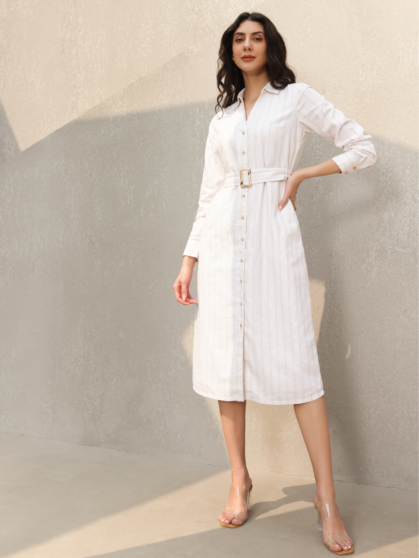 Cotton Linen Shirt Dress - White