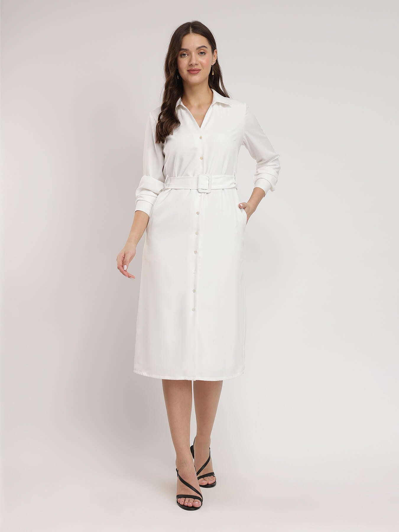 V-Neck Shirt Dress - White