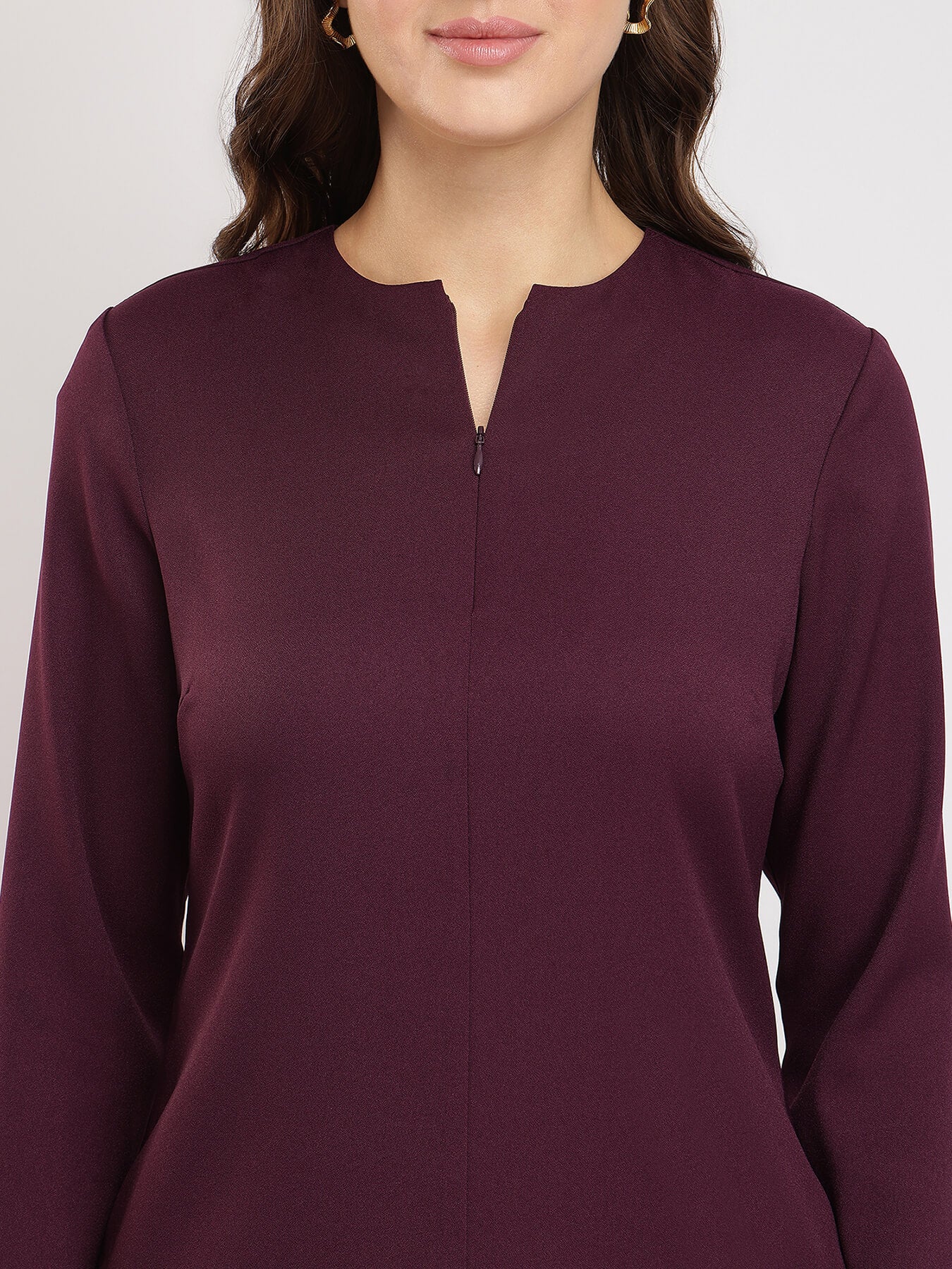 Front Zip Shift Dress - Wine