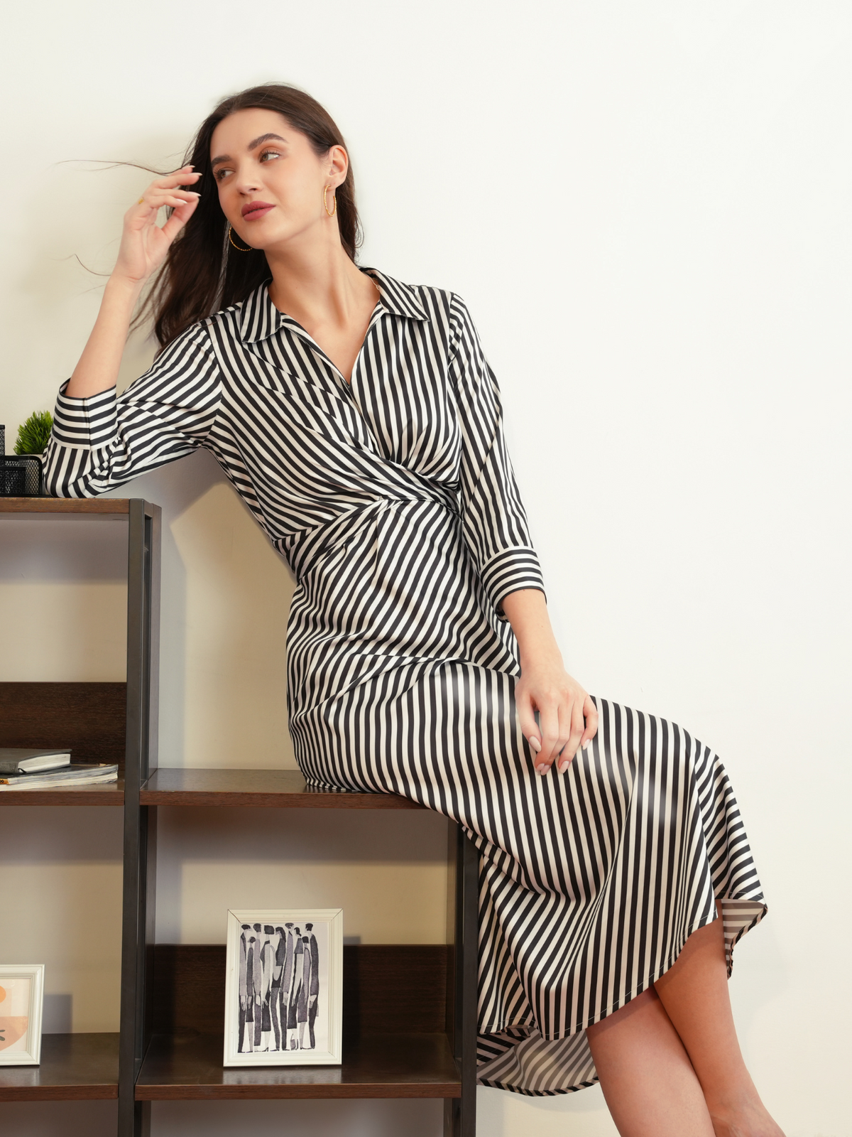 Stretchable Satin Striped Dress - Black