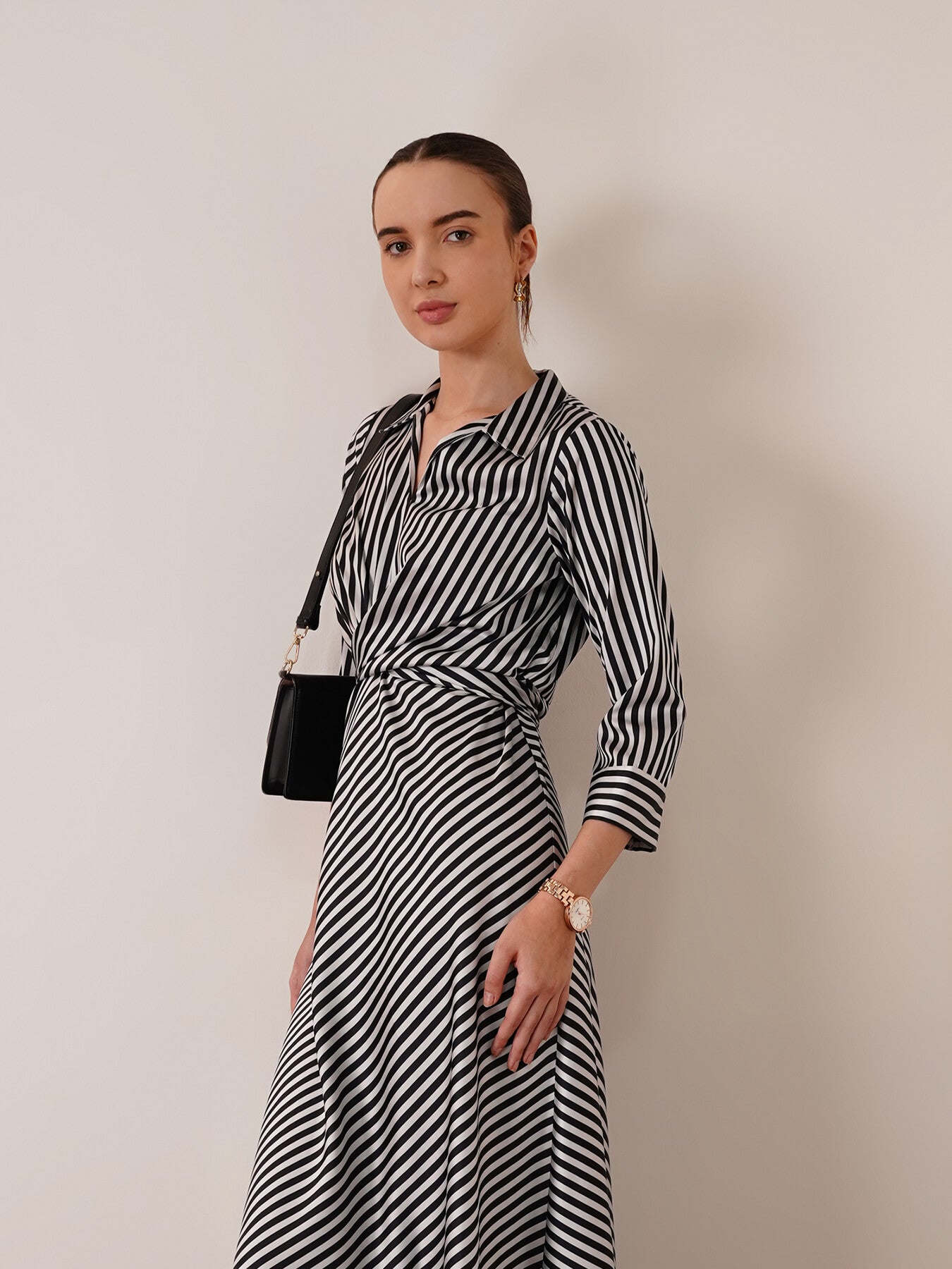 Stretchable Satin Striped Dress - Black