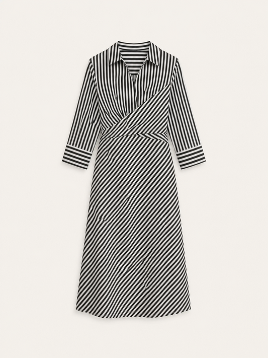 Stretchable Satin Striped Dress - Black