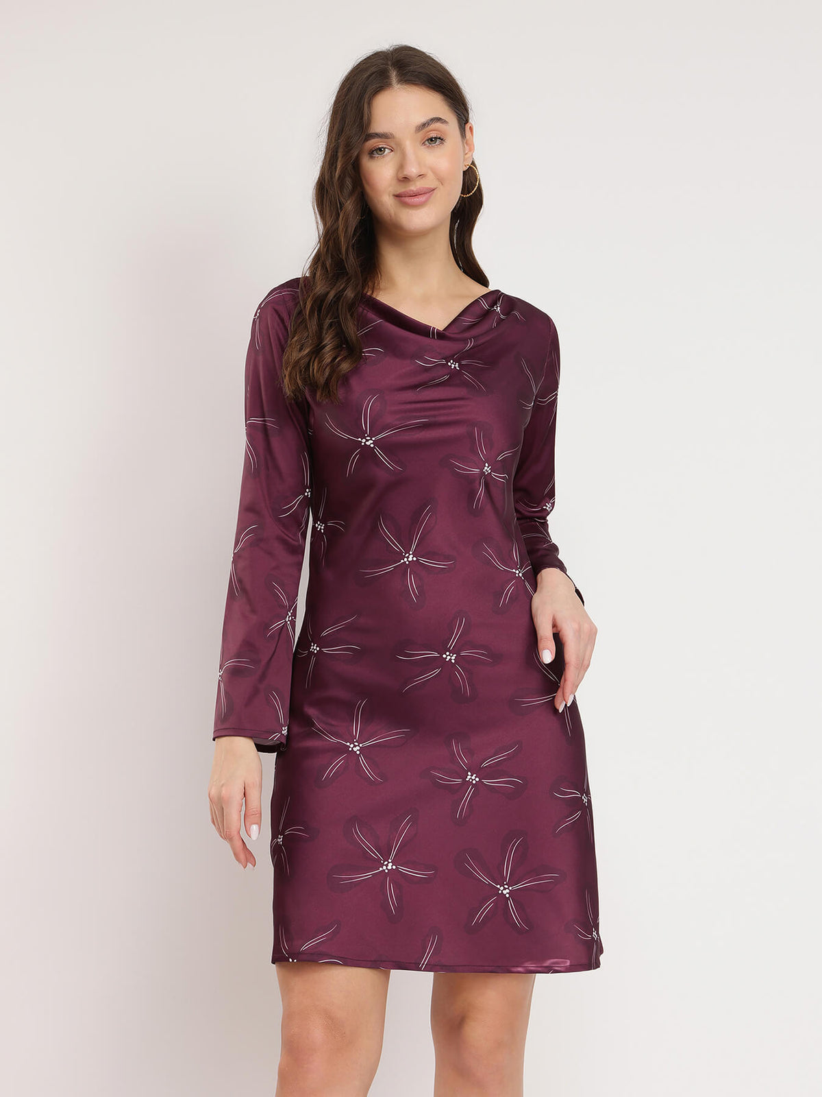 Stretchable Satin A-line Dress - Burgundy