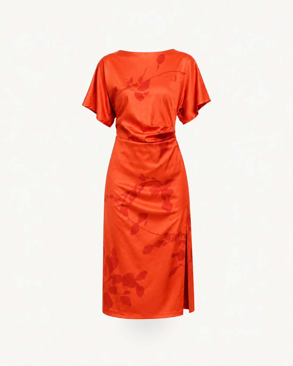Satin Floral Print Kimono Dress - Orange