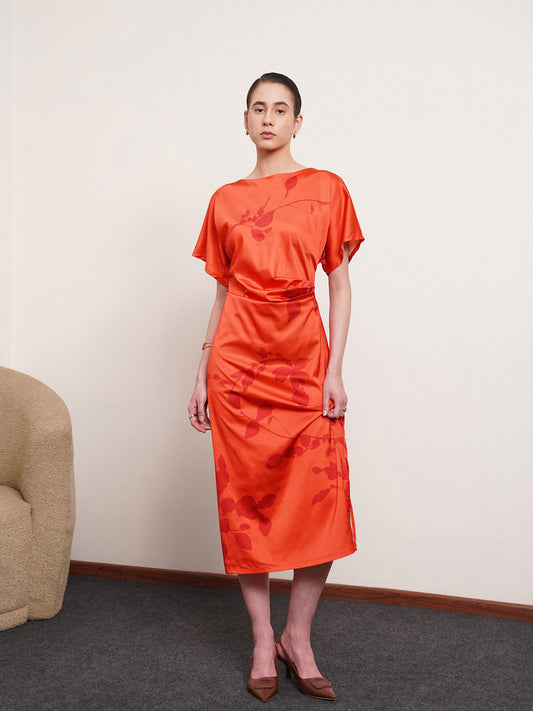 Satin Floral Print Kimono Dress - Orange