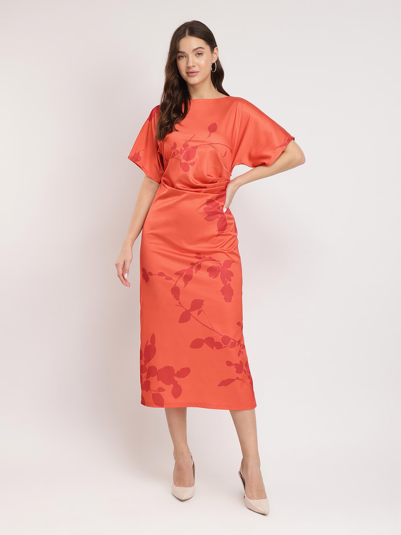 Satin Floral Print Kimono Dress - Orange