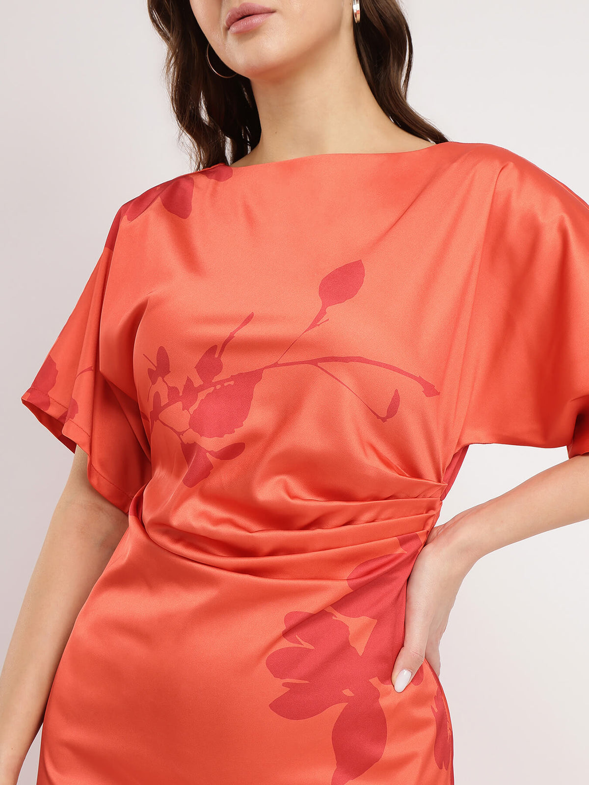 Satin Floral Print Kimono Dress - Orange