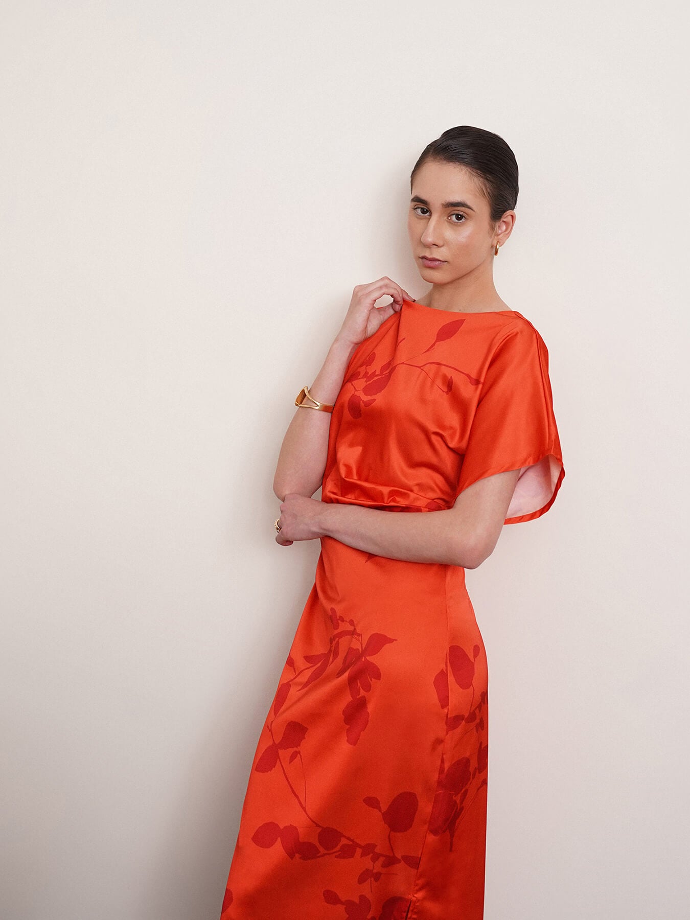 Satin Floral Print Kimono Dress - Orange
