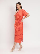 Satin Floral Print Kimono Dress - Orange