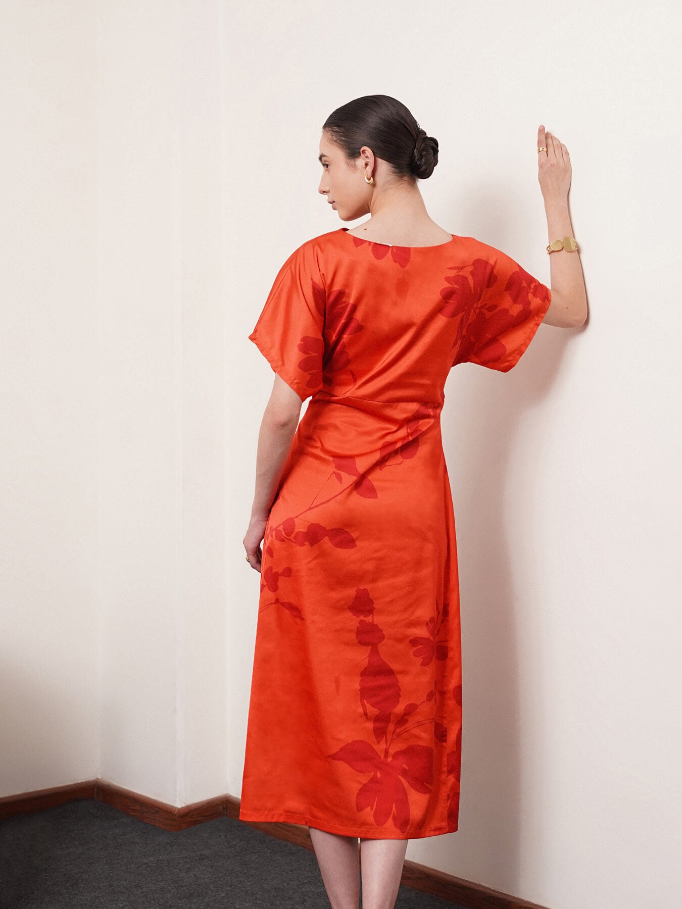 Satin Floral Print Kimono Dress - Orange