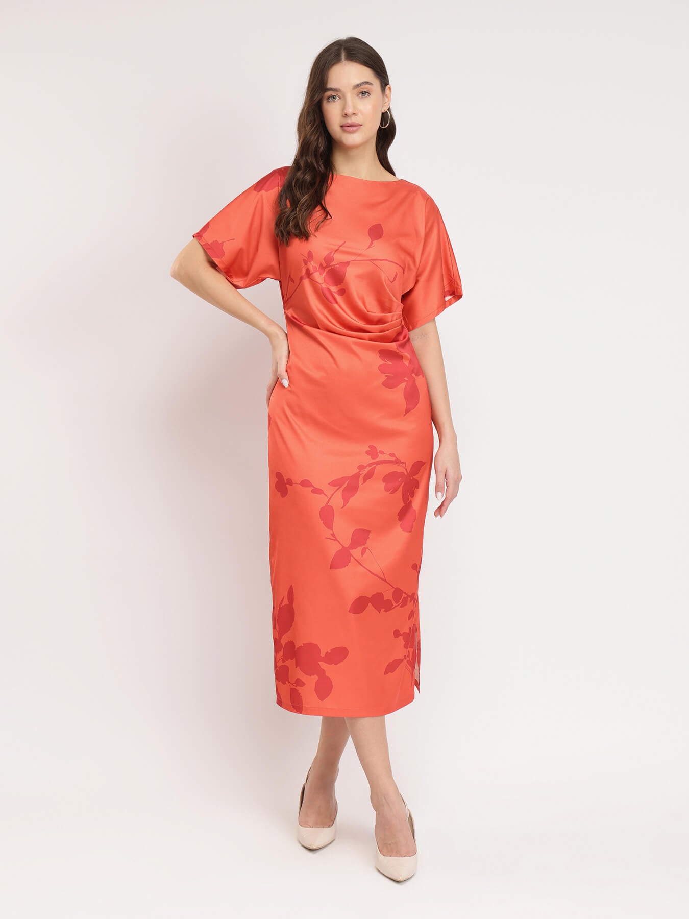 Satin Floral Print Kimono Dress - Orange