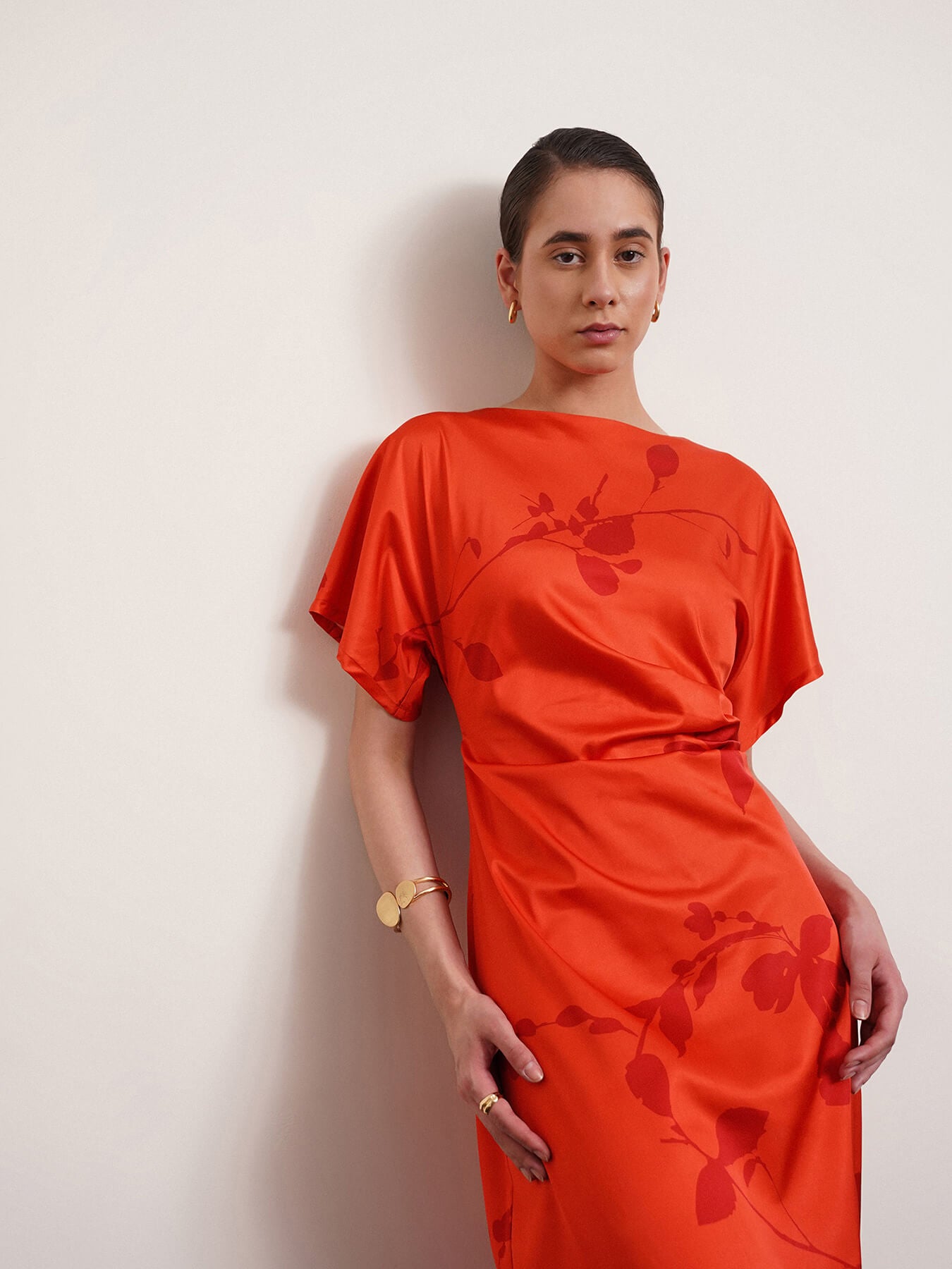Satin Floral Print Kimono Dress - Orange