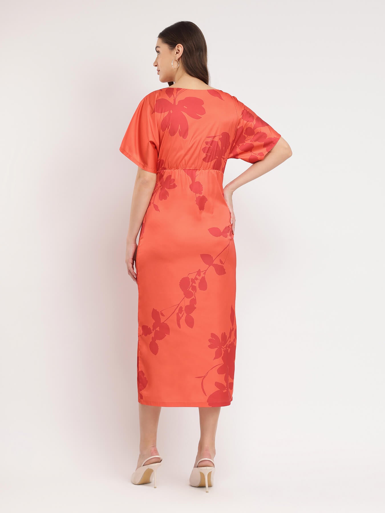 Satin Floral Print Kimono Dress - Orange