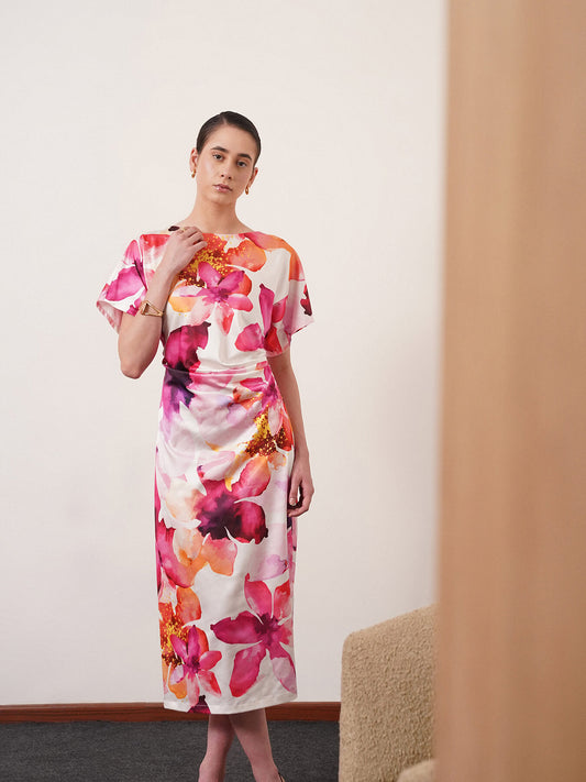 Satin Floral Kimono Dress - White