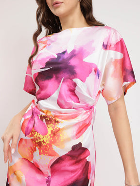 Satin Floral Kimono Dress - White