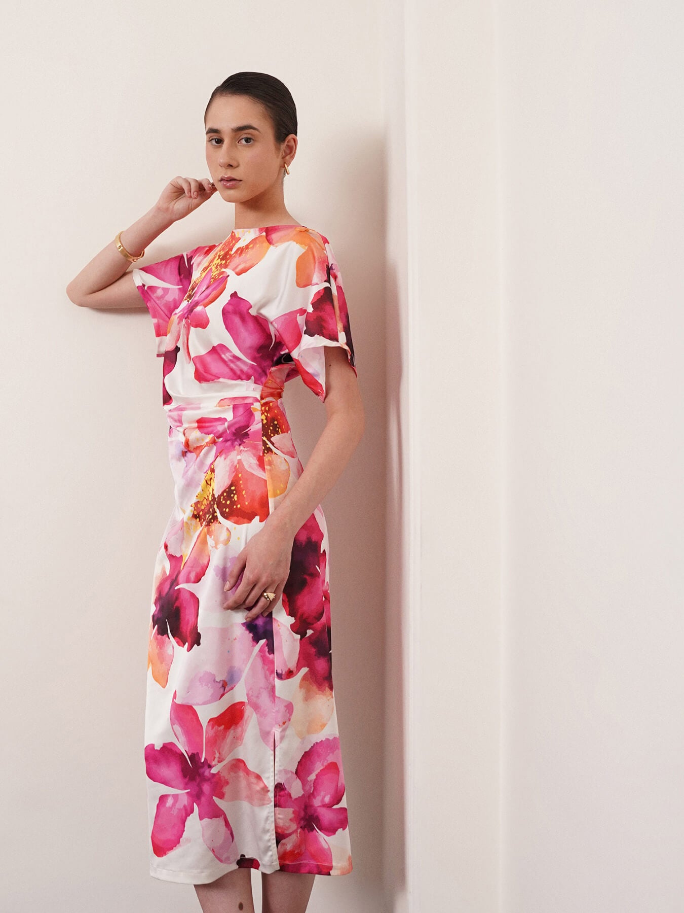 Satin Floral Kimono Dress - White