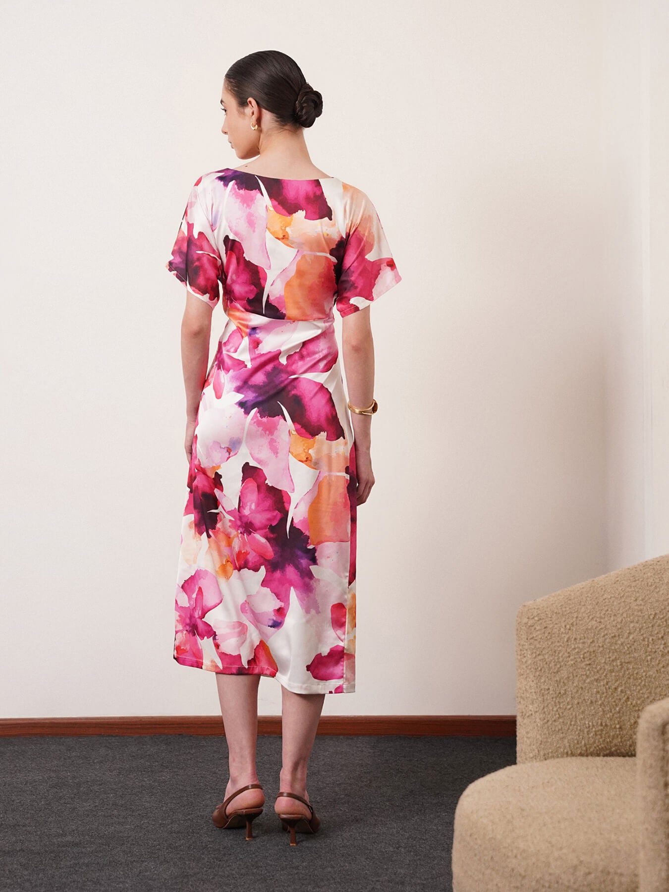 Satin Floral Kimono Dress - White