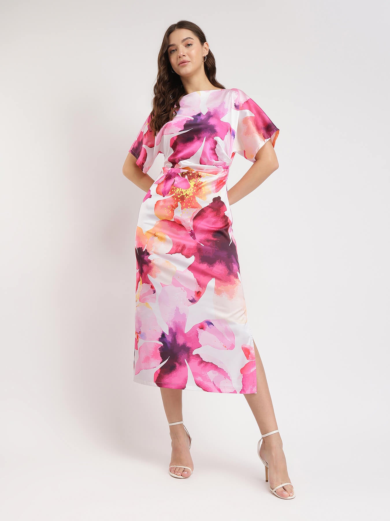 Satin Floral Kimono Dress - White