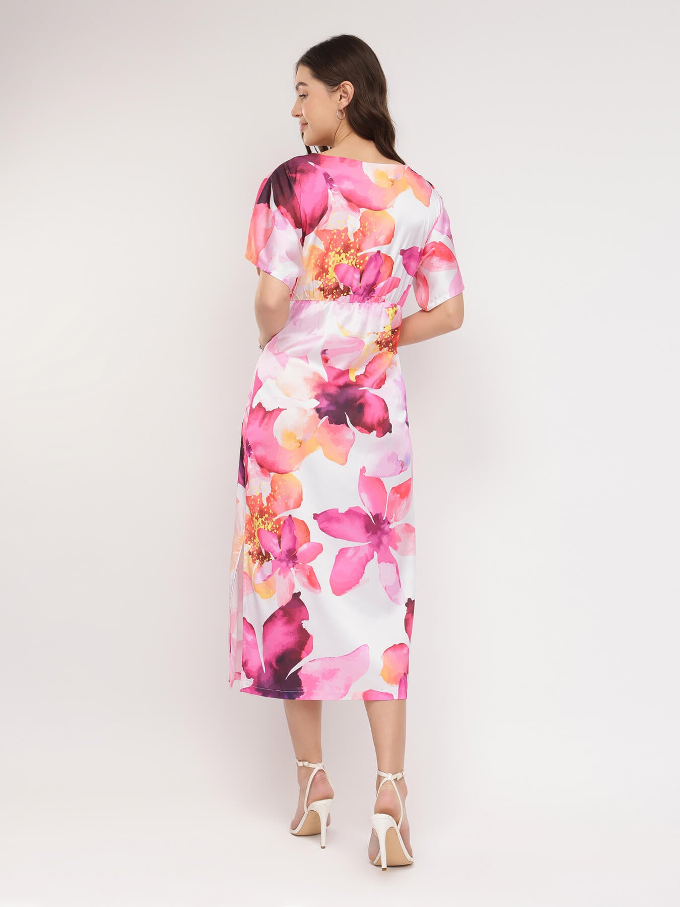 Satin Floral Kimono Dress - White