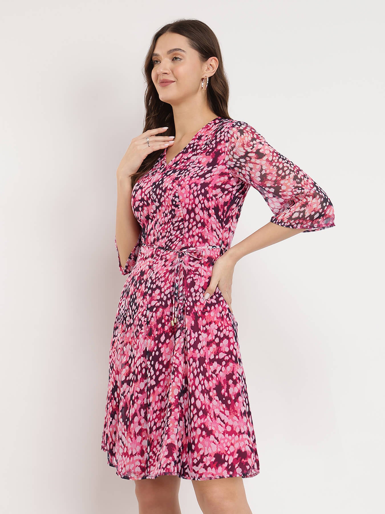 Animal Print Flared Dress - Pink