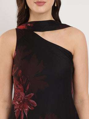 Scarf Detail A-Line Floral Dress - Black