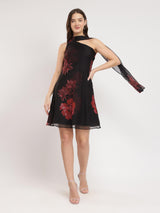 Scarf Detail A-Line Floral Dress - Black