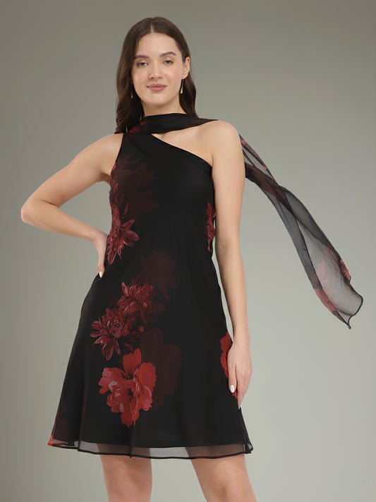 Scarf Detail A-Line Floral Dress - Black