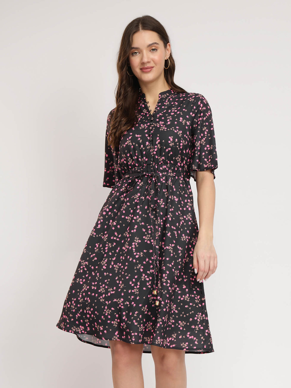 Ditsy Print A-Line Dress - Black