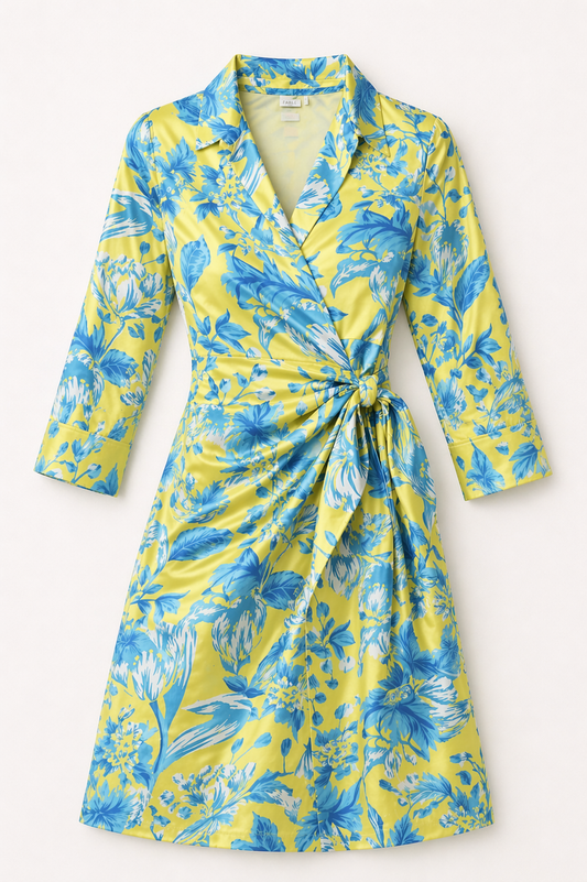 Satin Floral Wrap Dress - Green