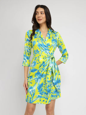 Satin Floral Wrap Dress - Green