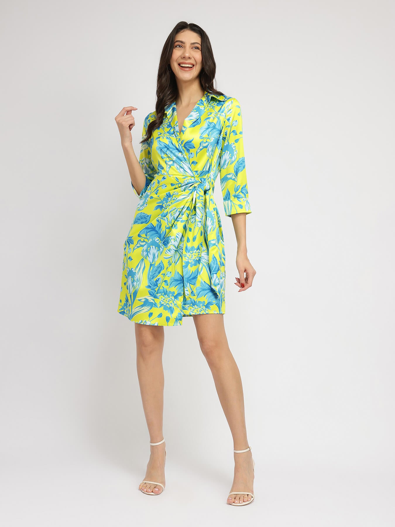 Satin Floral Wrap Dress - Green