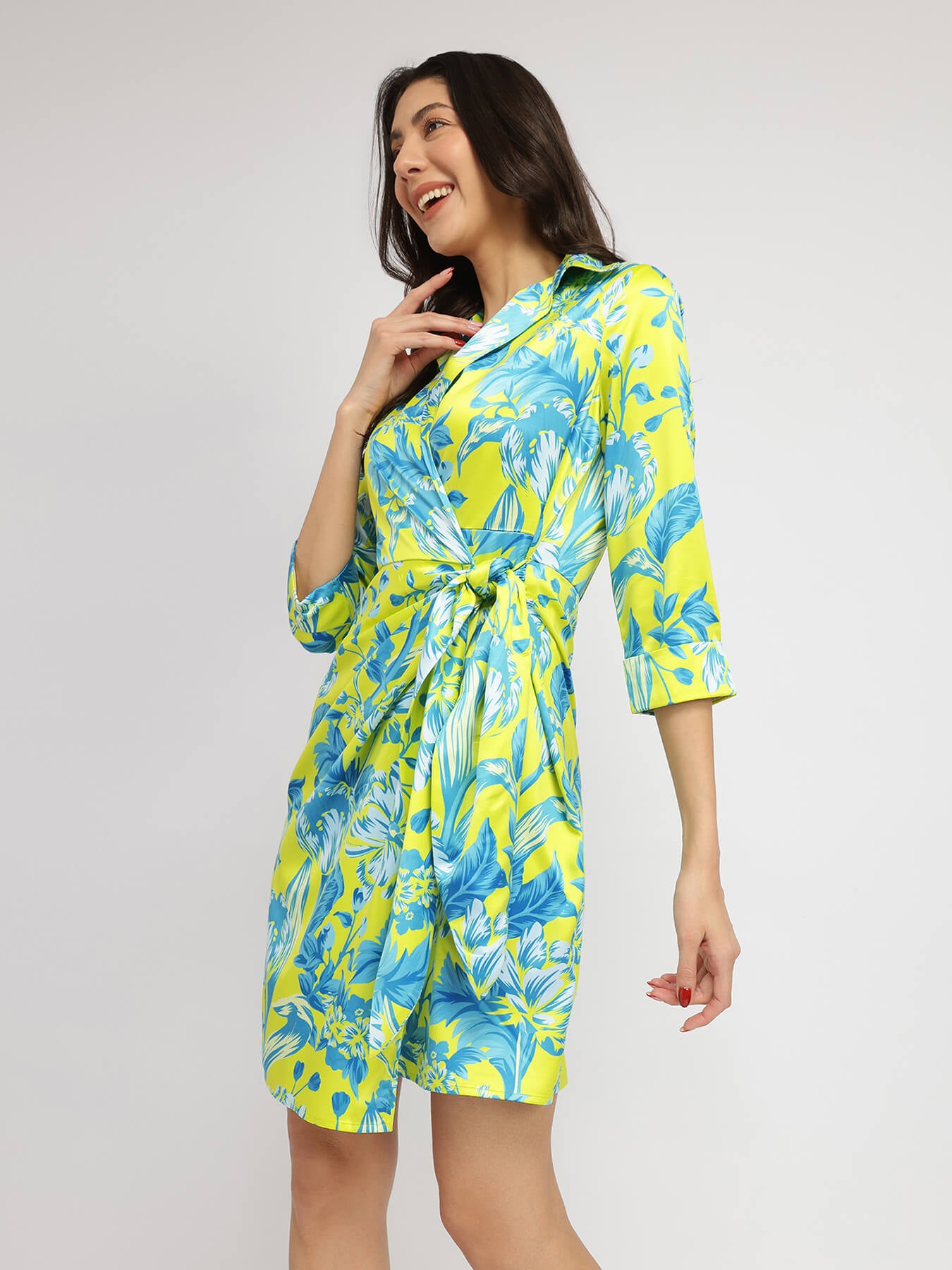 Satin Floral Wrap Dress - Green