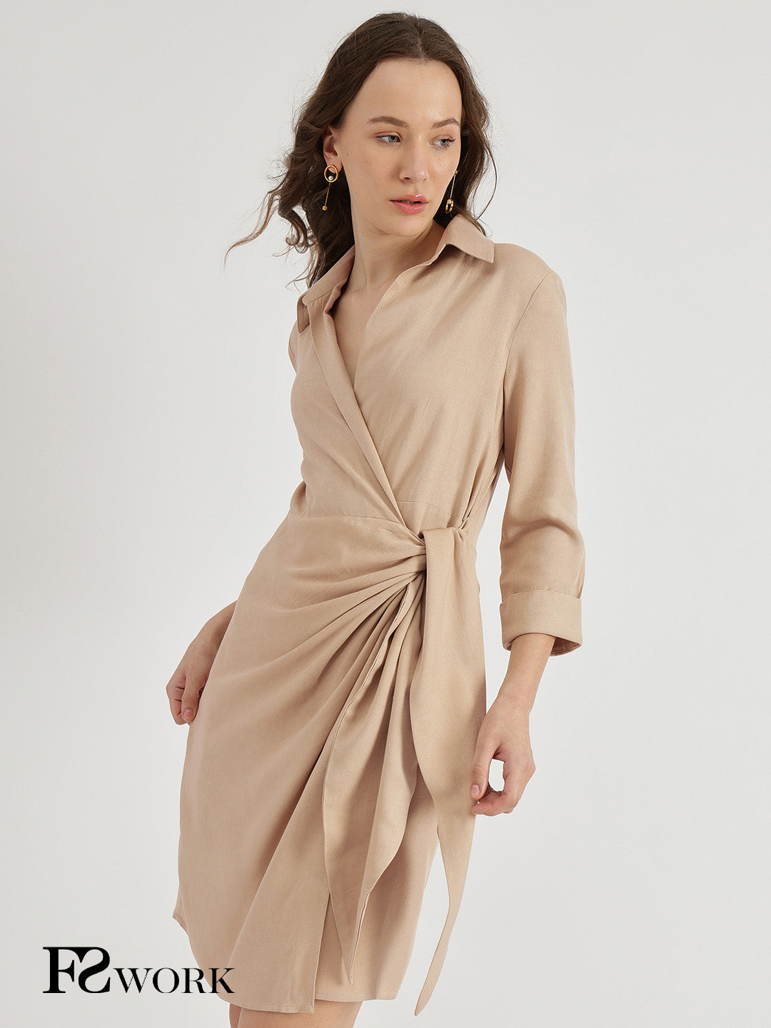 Shirt Collar Wrap Dress - Beige