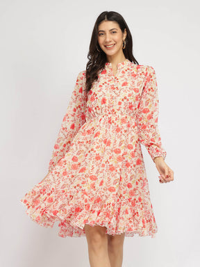 Fit And Flare Floral Dress - Orange