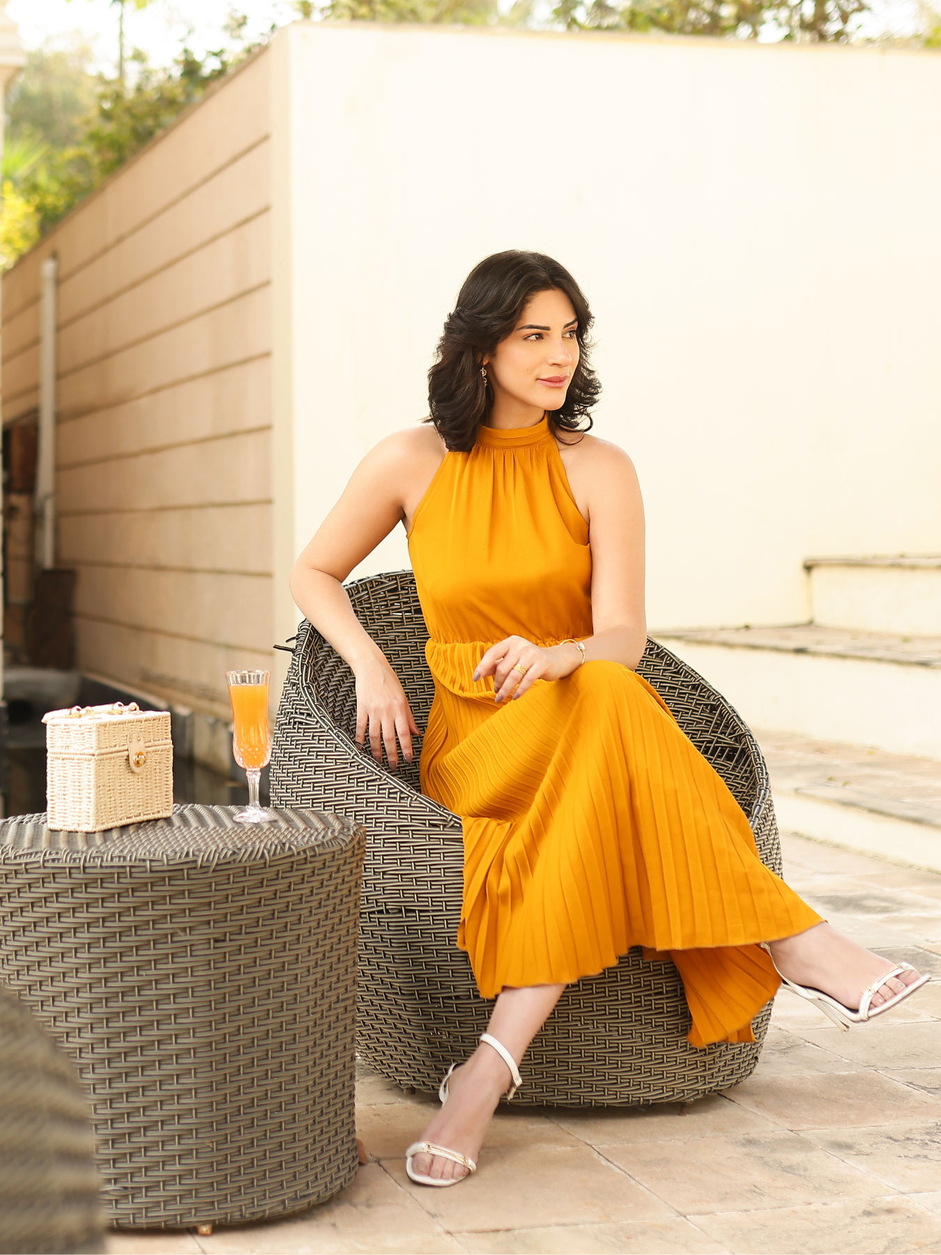 Pleated Halter Dress - Mustard