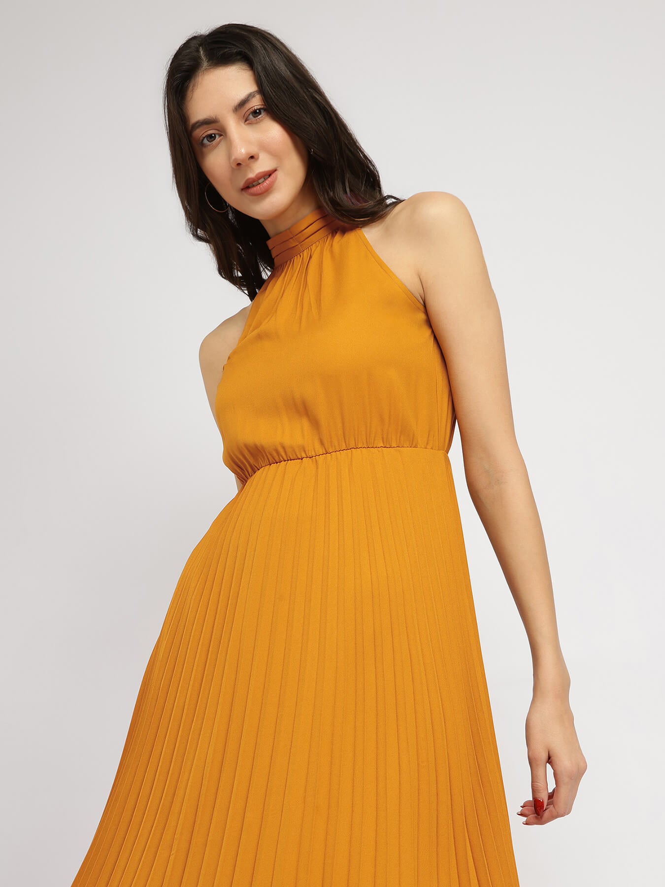 Pleated Halter Dress - Mustard