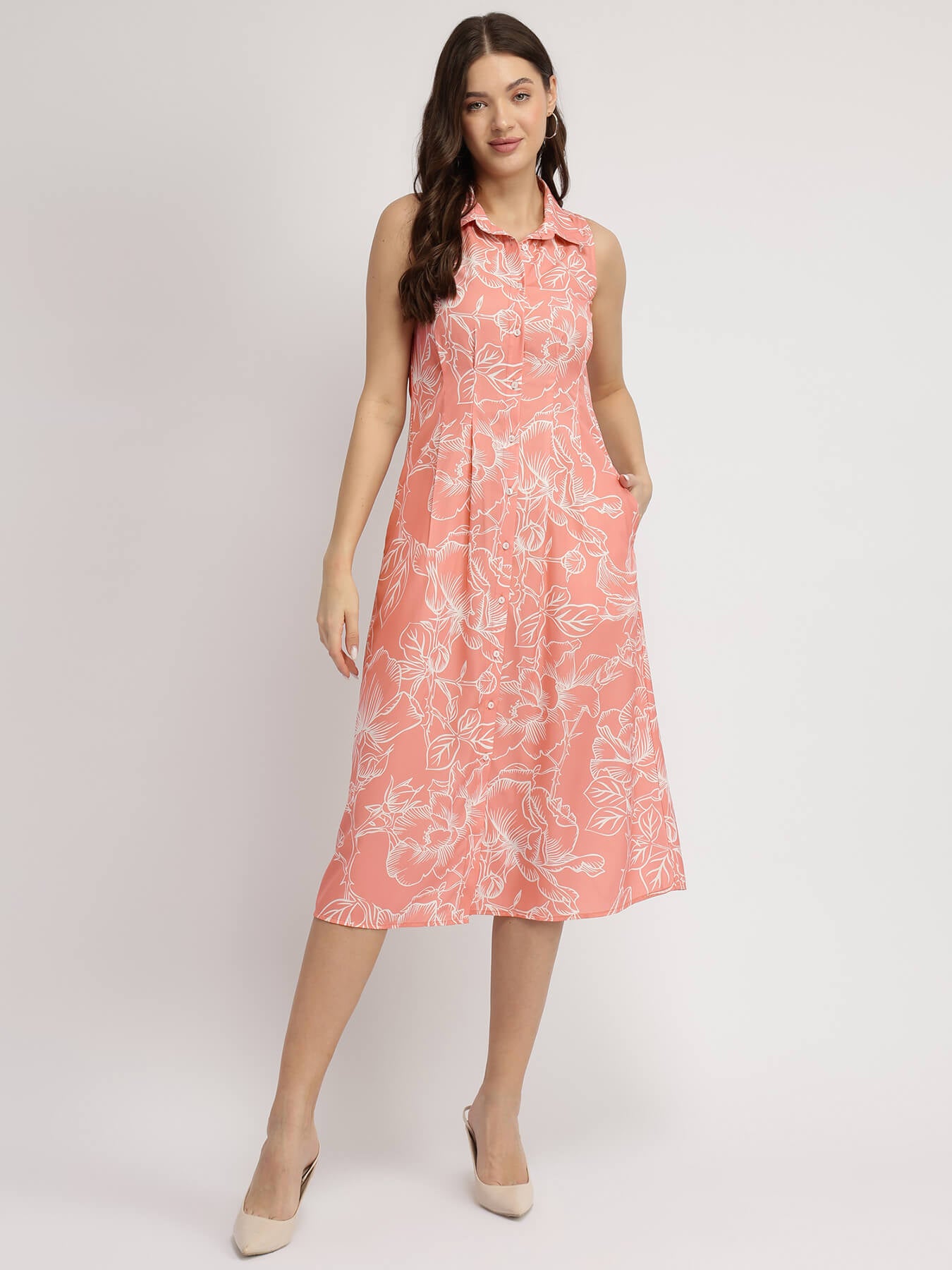 Floral Button Down Midi Dress - Pink